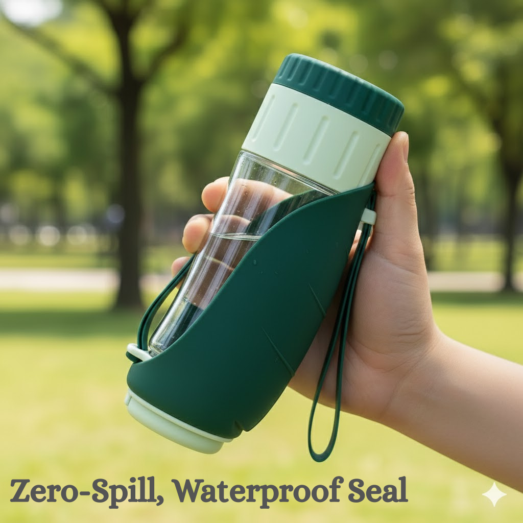 All-in-One Dog Travel Bottle – Water, Food & Foldable Bowl with Leak-Proof Lock