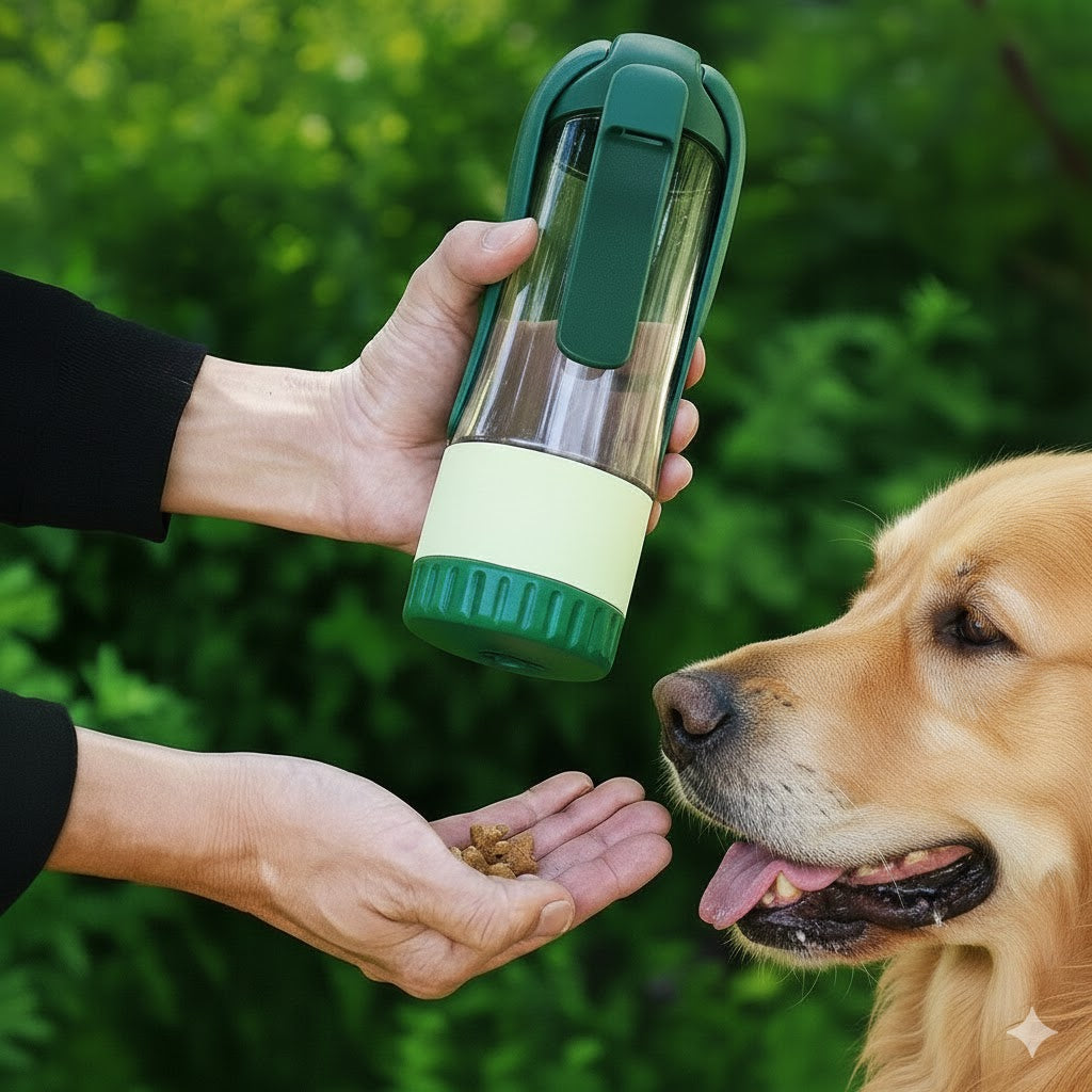 All-in-One Dog Travel Bottle – Water, Food & Foldable Bowl with Leak-Proof Lock